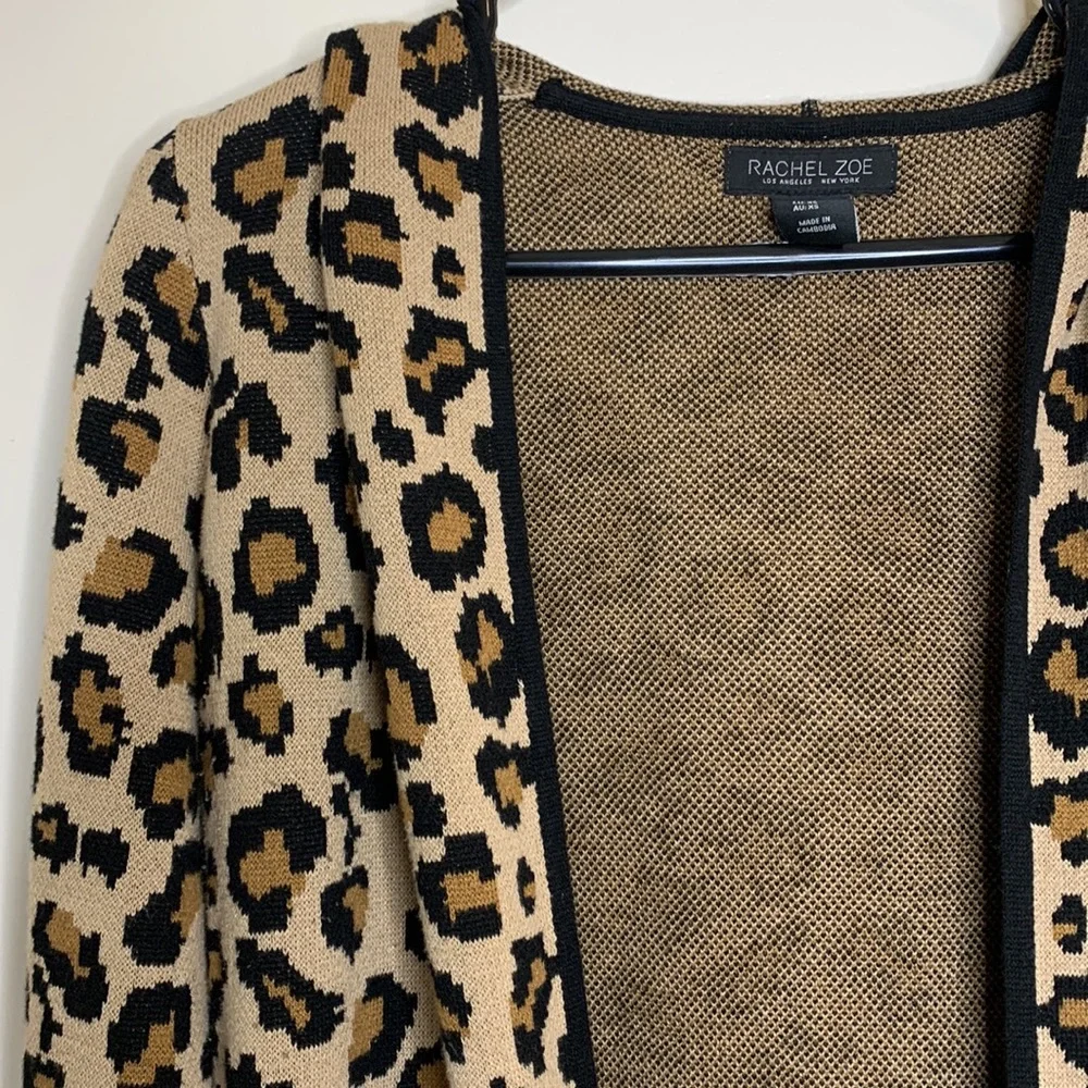 Rachel Zoe | Animal Print Knit Pocket Long Sleeve Hoodie Cardigan Size XS Coat - Picture 2 of 10